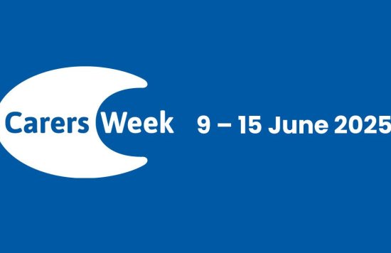 Carers Week logo with a white crescent shape on a blue background. The white text reads: Carers Week 9–15 June 2025